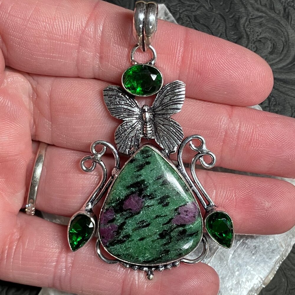 Sparkly Ruby Zoisite Butterfly Pendant Stone Crys… - image 1